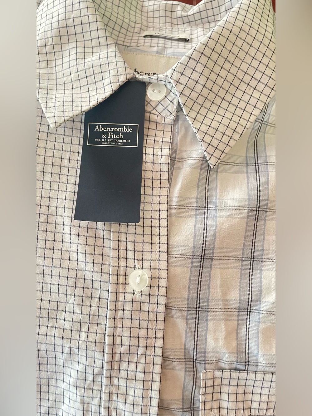 Abercrombie & Fitch Men's Cream and Navy Windowpane Dress oversized shirt.